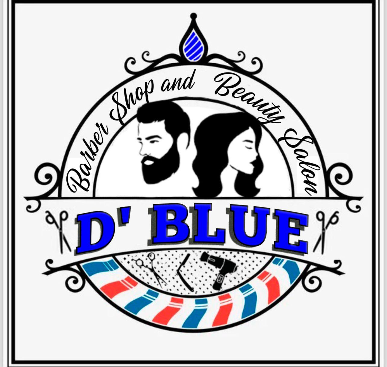 Logo of D' Blue Barber Shop and Beauty Salon with male and female silhouettes.